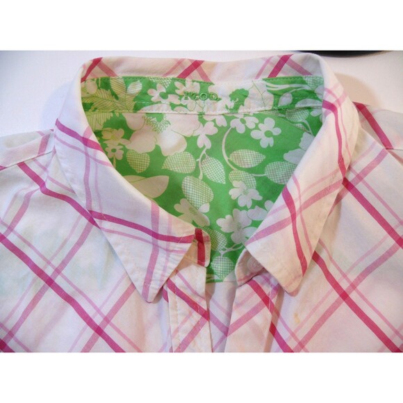 Izod Blouse top pink plaid button up cotton contrast sleeves size Med/Large - Picture 7 of 8